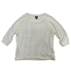 Bobeau Women's XL White Mesh Open-Knit Rayon Blend 3/4 Sleeve Sweater Top